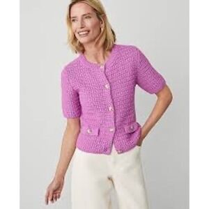 Ann Taylor‎ Geo Stitch Short-Sleeve Cardigan in Purple Size XL Preppy Old Money